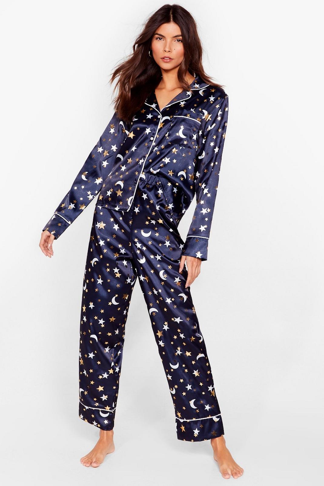 Navy Moon and Stars Satin Pyjama Pants Set image number 1
