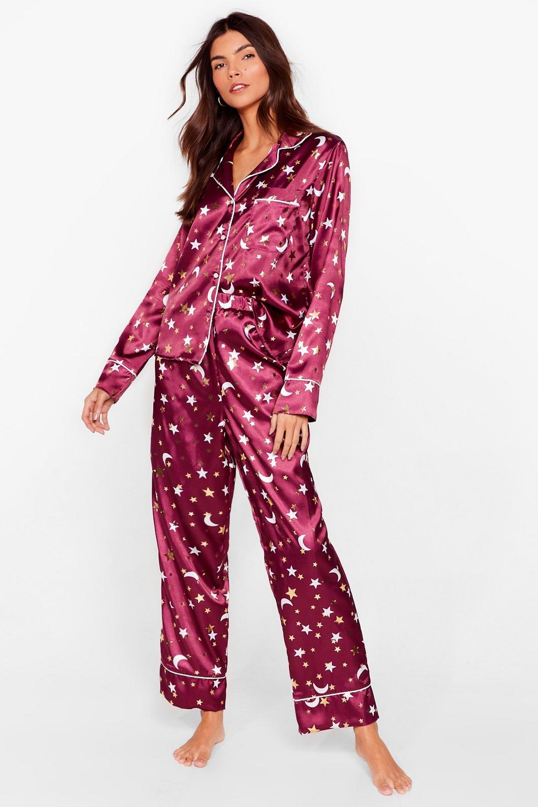 Plum Moon and Stars Satin Pyjama Pants Set image number 1