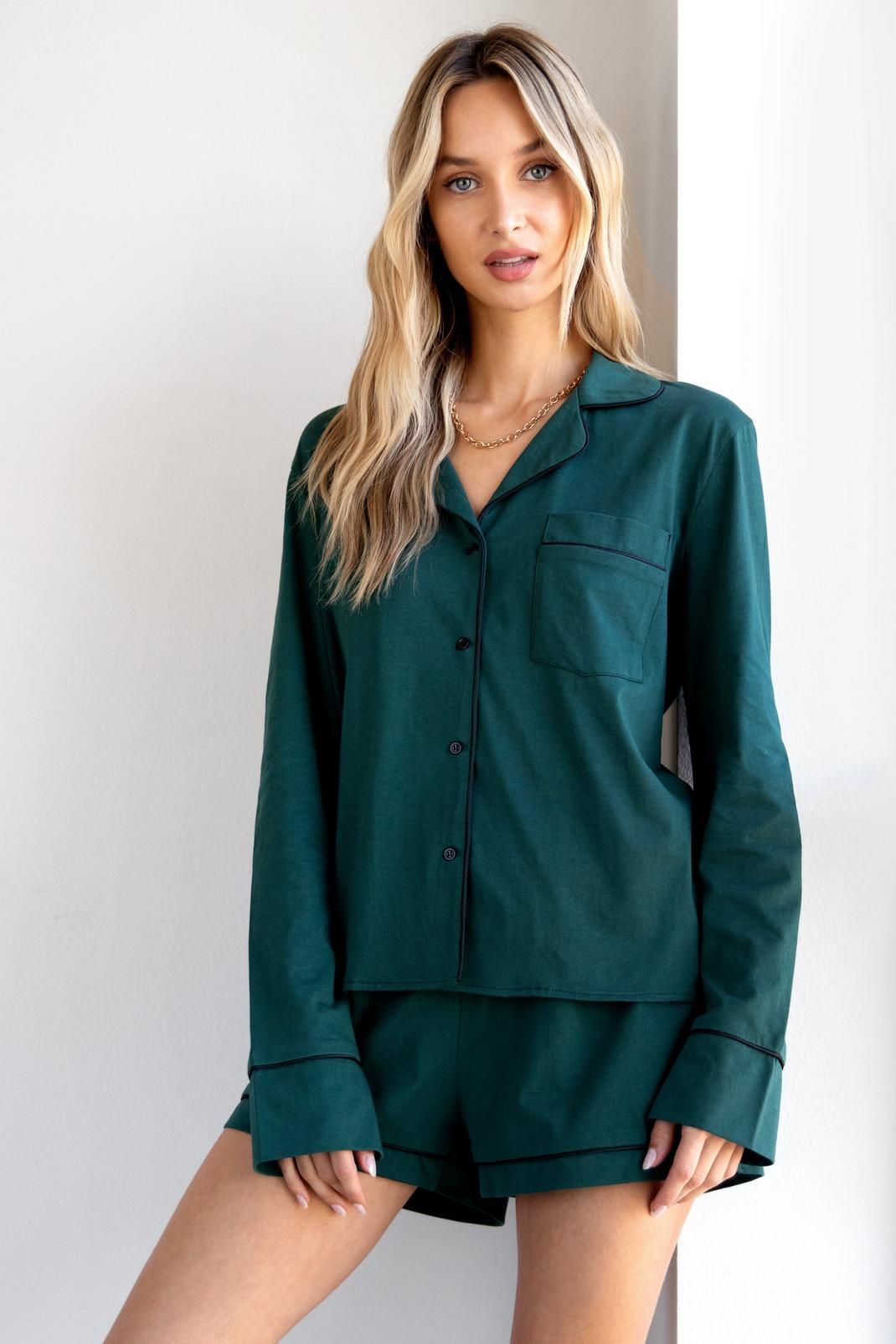 Emerald Contrast Trim Shirt and Shorts Pajama Set image number 1