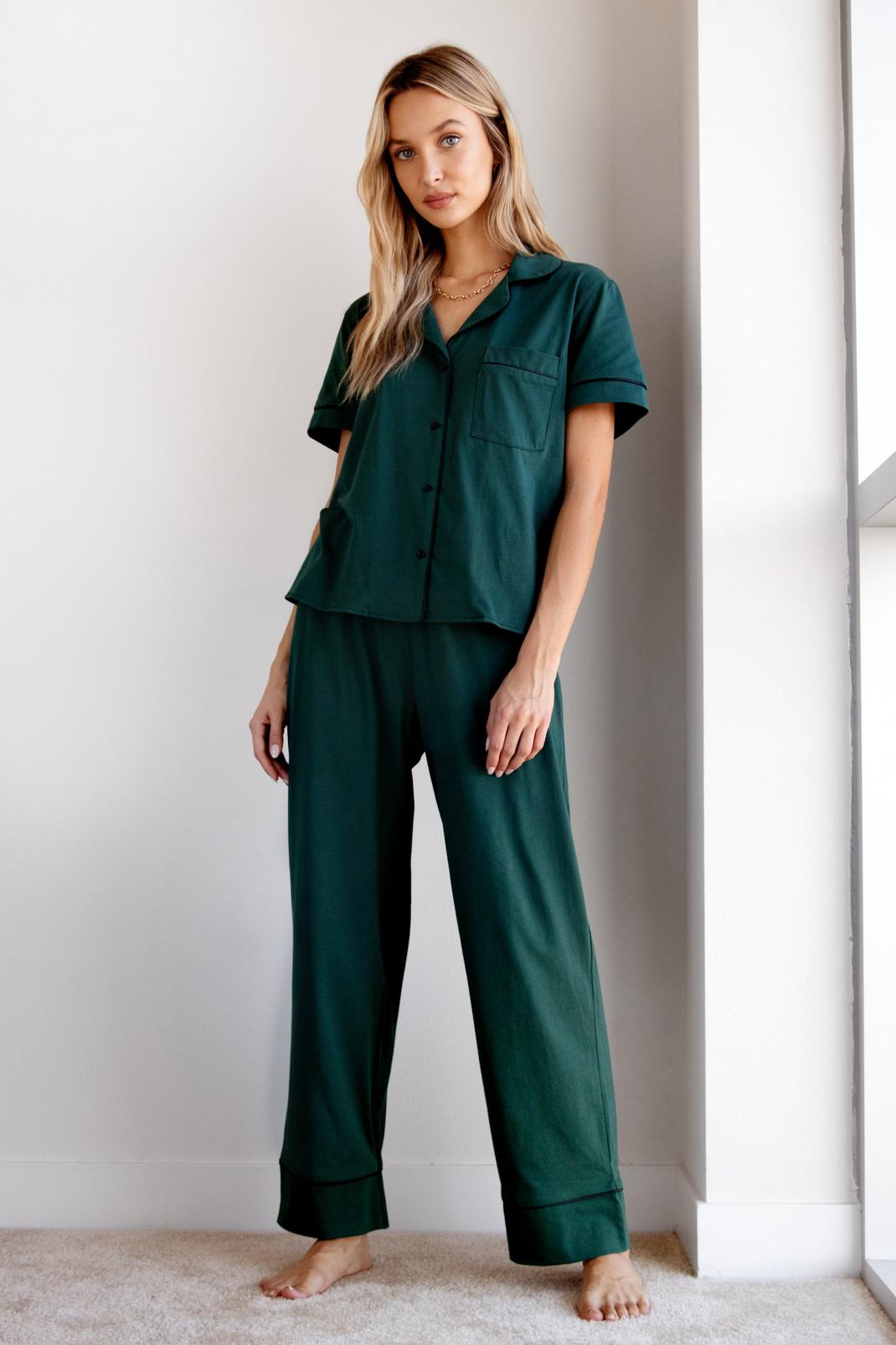 Pyjama chemise & pantalon large à liserés contrastants Dormir c'est la vie, Emerald image number 1