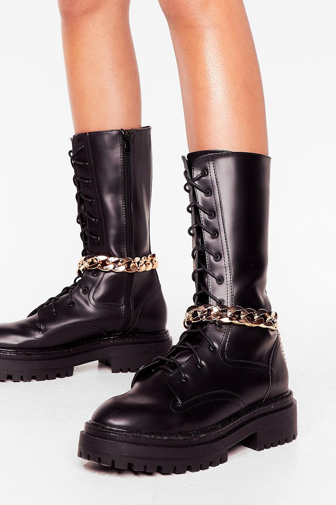Gold Faux Leather Chain Detail Calf Boots image number 1