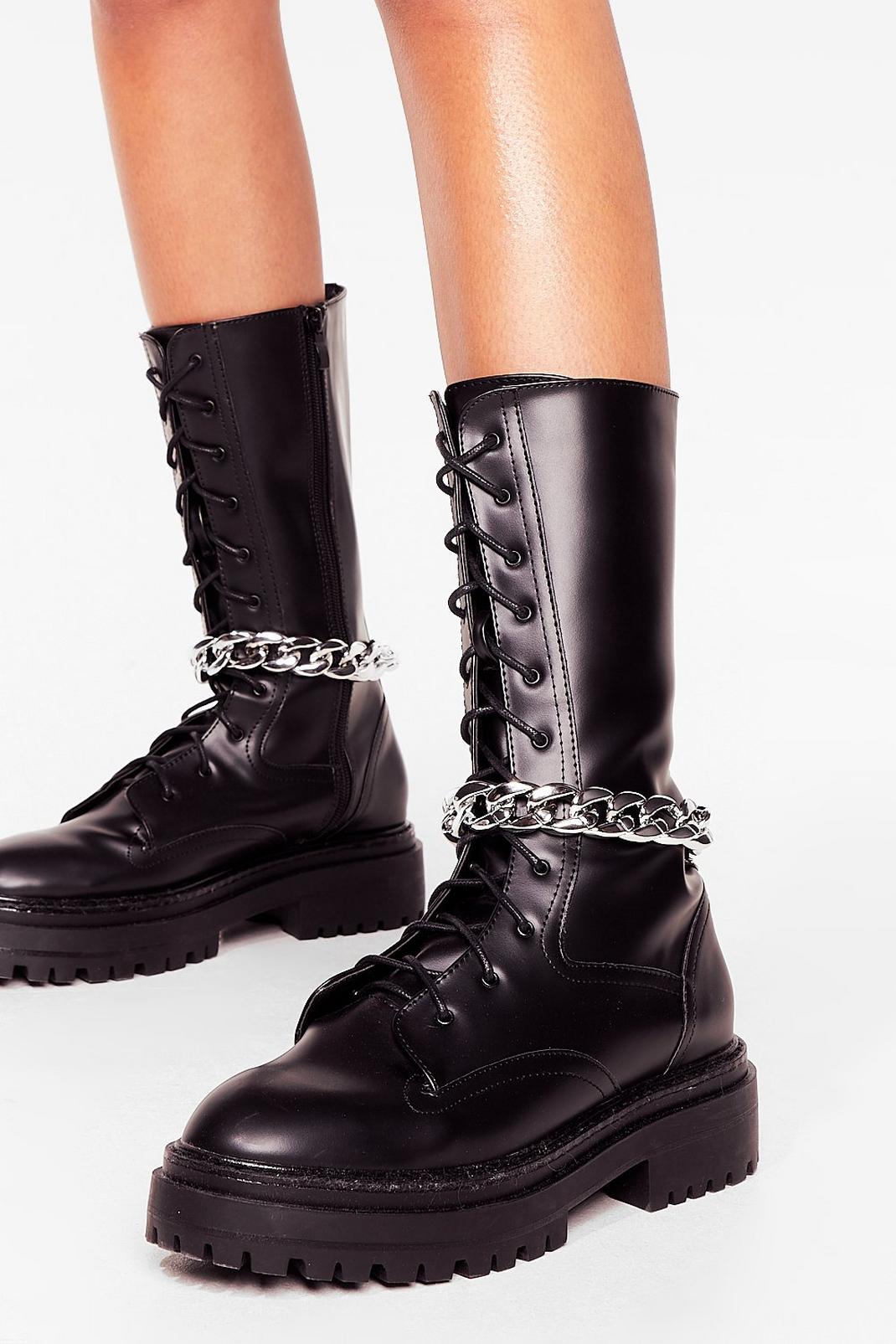 Silver Faux Leather Chain Detail Calf Boots image number 1
