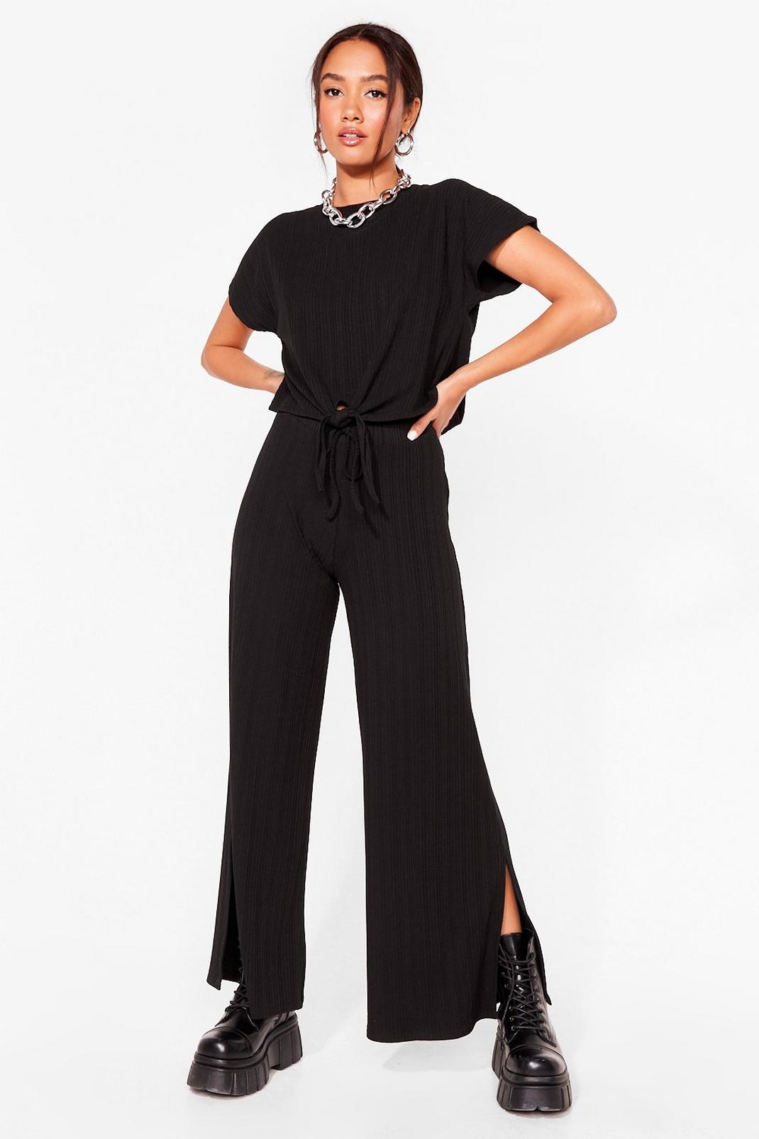 Petite Ribbed Top and Slit Pants Set image number 1