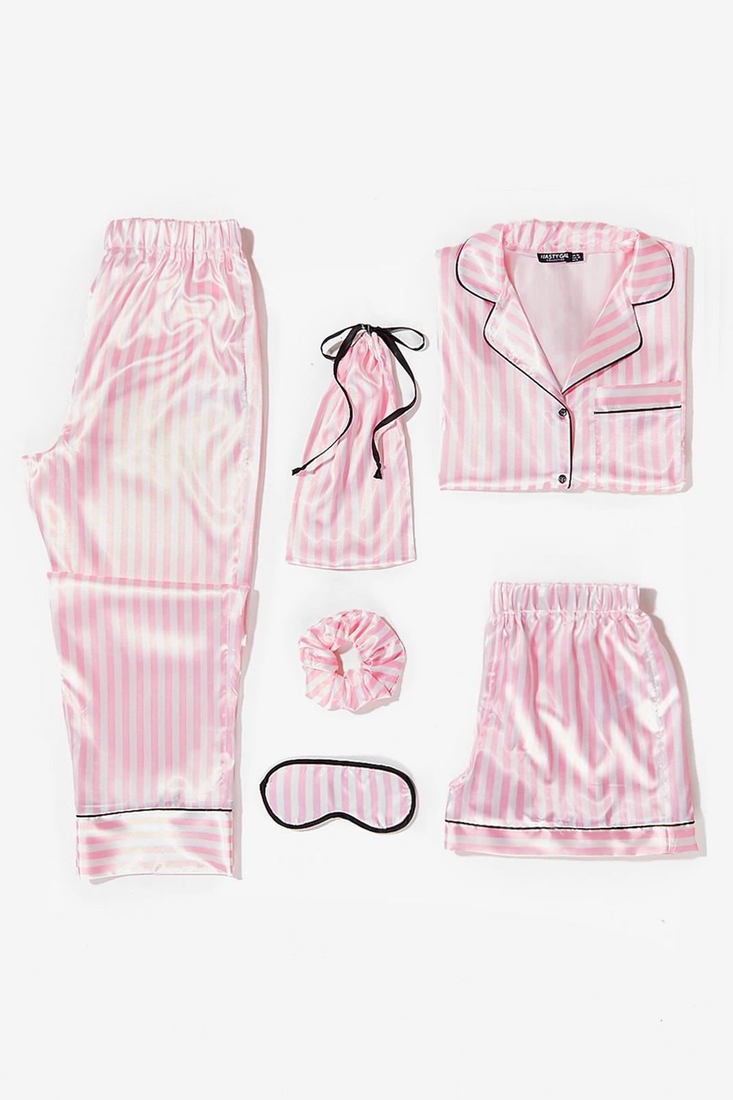 Petite - Pyjama 6 pièces satiné à imprimé rayures , Pink image number 1