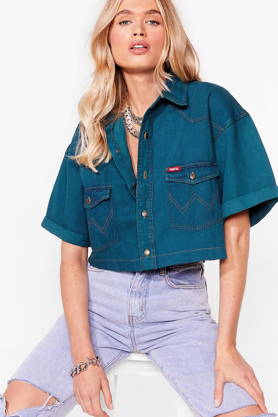 Vintage - Chemise courte en jean avec manches courtes, Emerald image number 1