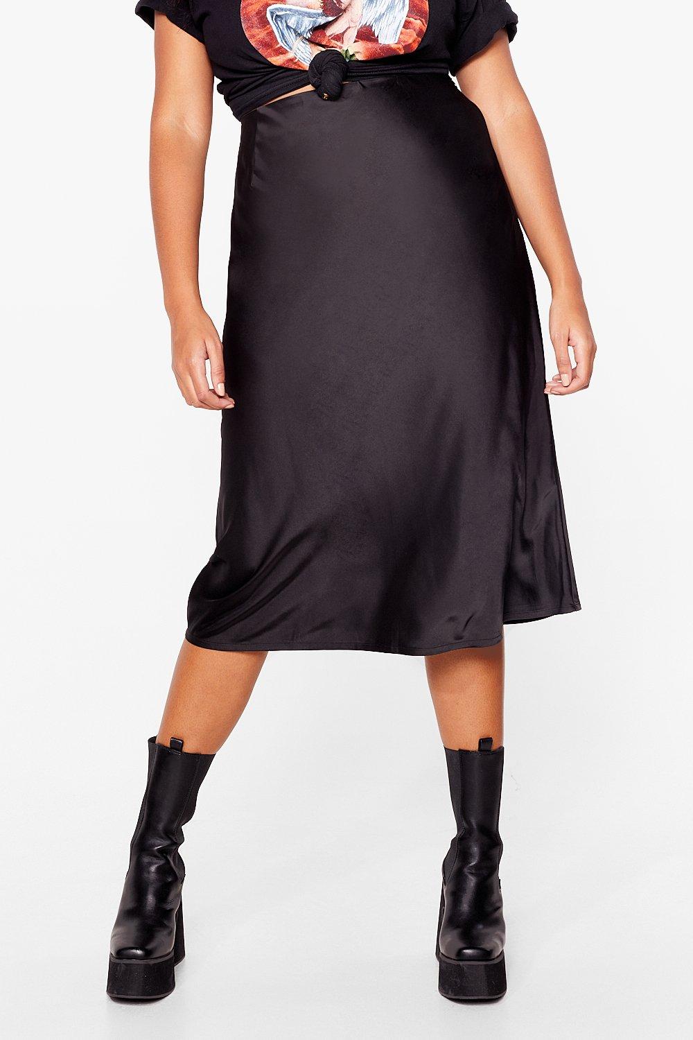 Plus Size High Waisted Satin Midi Skirt