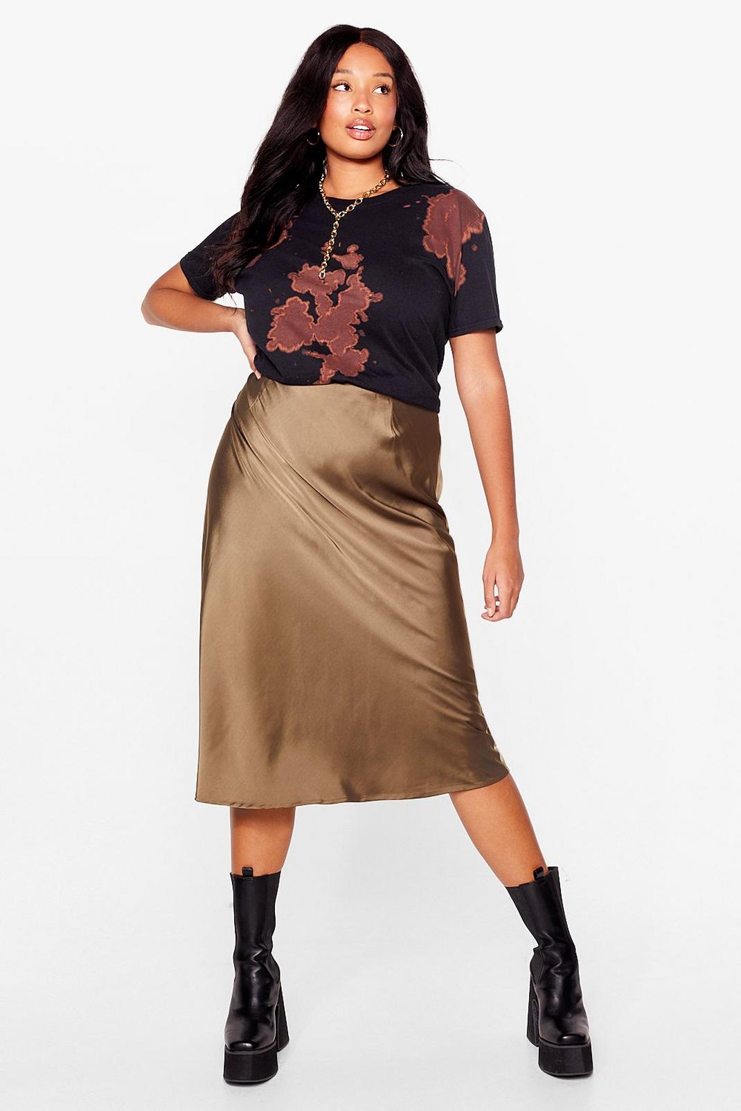 Khaki Plus Size Satin Midi Slip Skirt image number 1