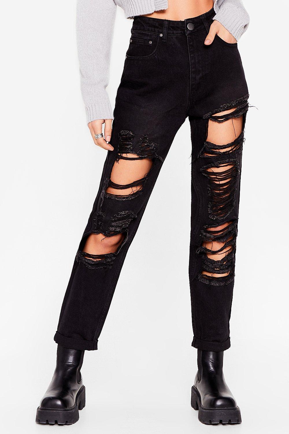 Distressed Mom Jeans - Washed Black