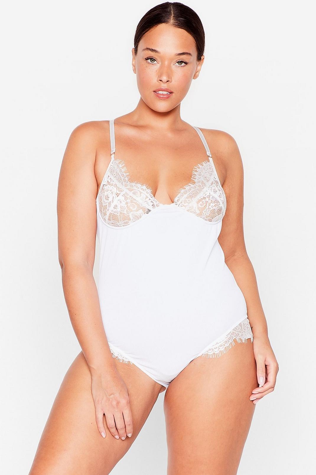 White Plus Size Lace Cup Ribbed Bodysuit image number 1