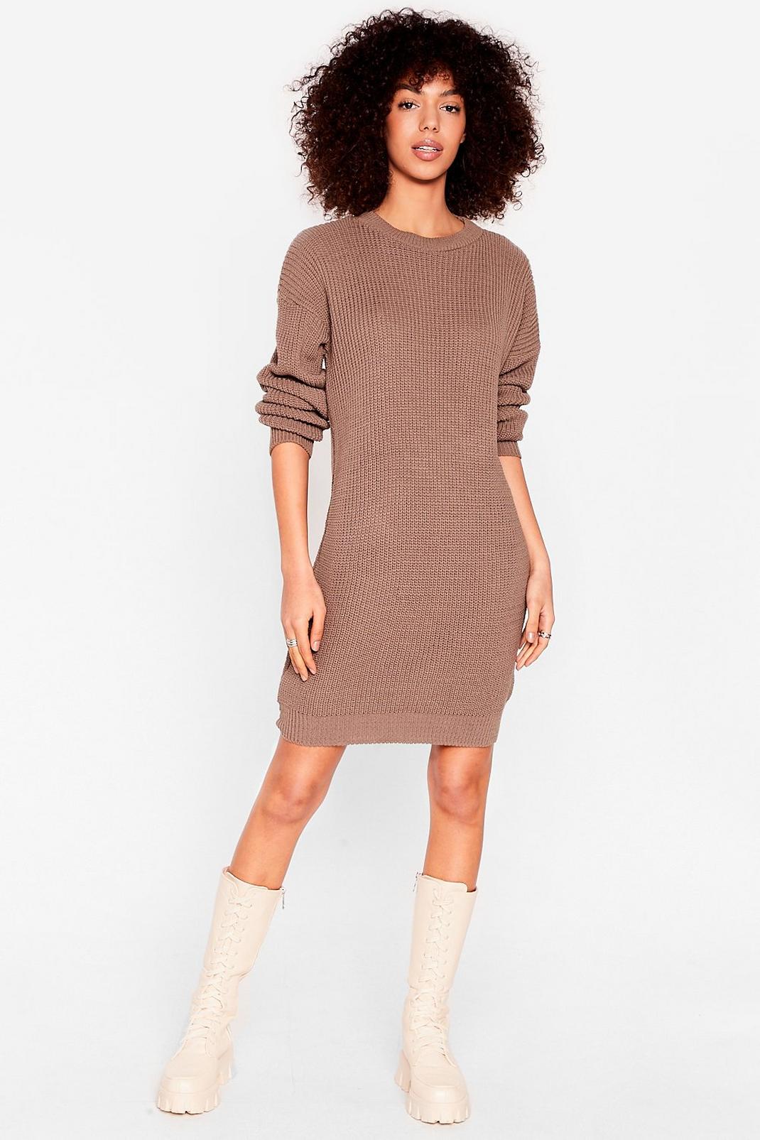 Chocolate Knitted Long Sleeve Sweater Dress image number 1
