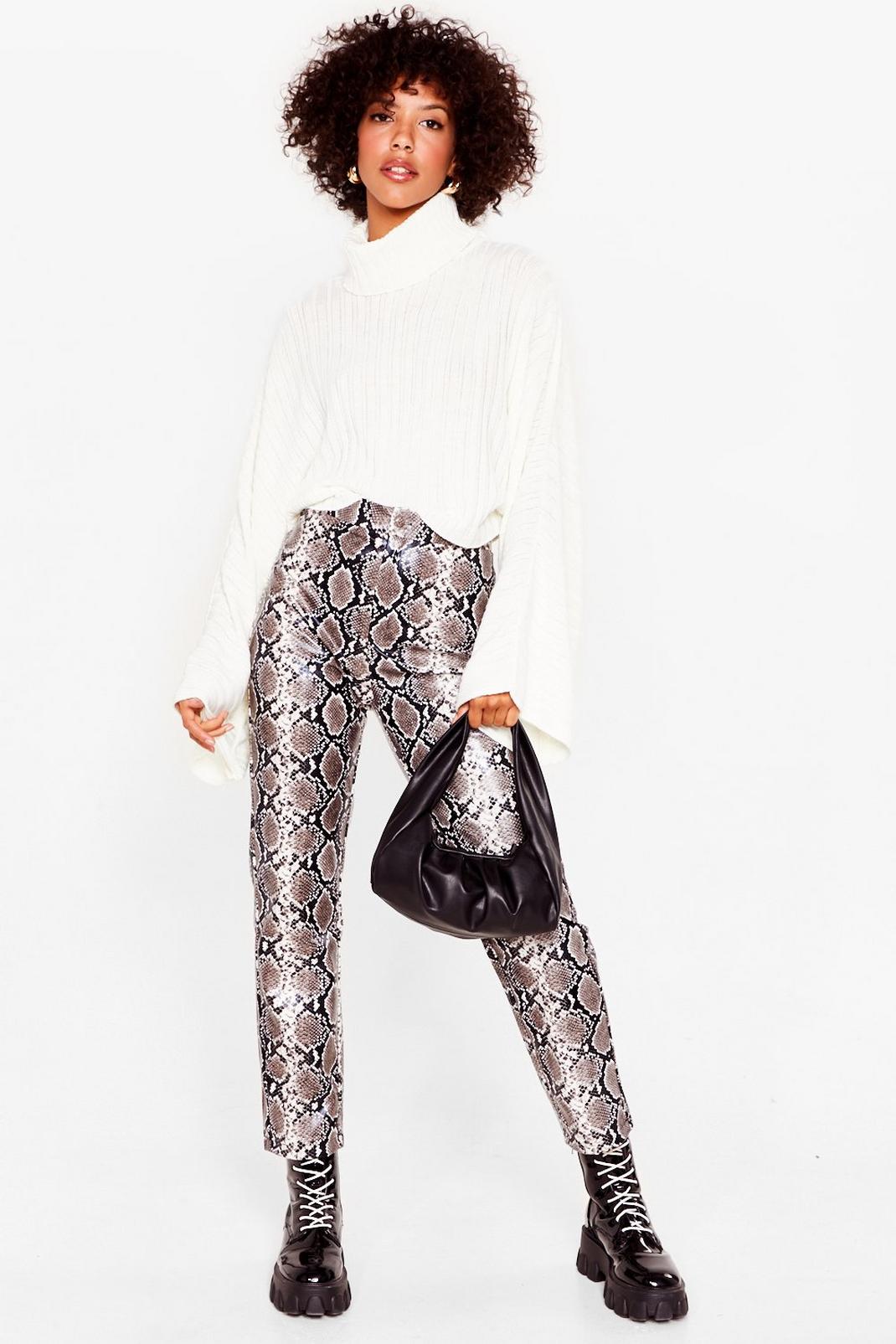 Grey Snake Print Faux Leather Tapered Pants image number 1