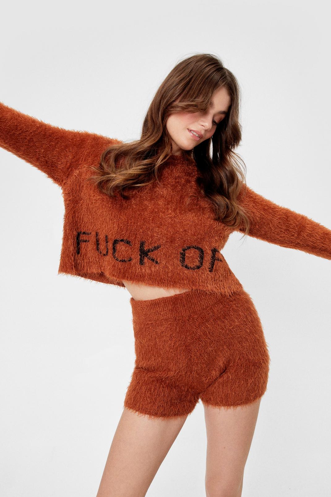 Chocolate Fuck Off Fluffy Knit Short Set image number 1