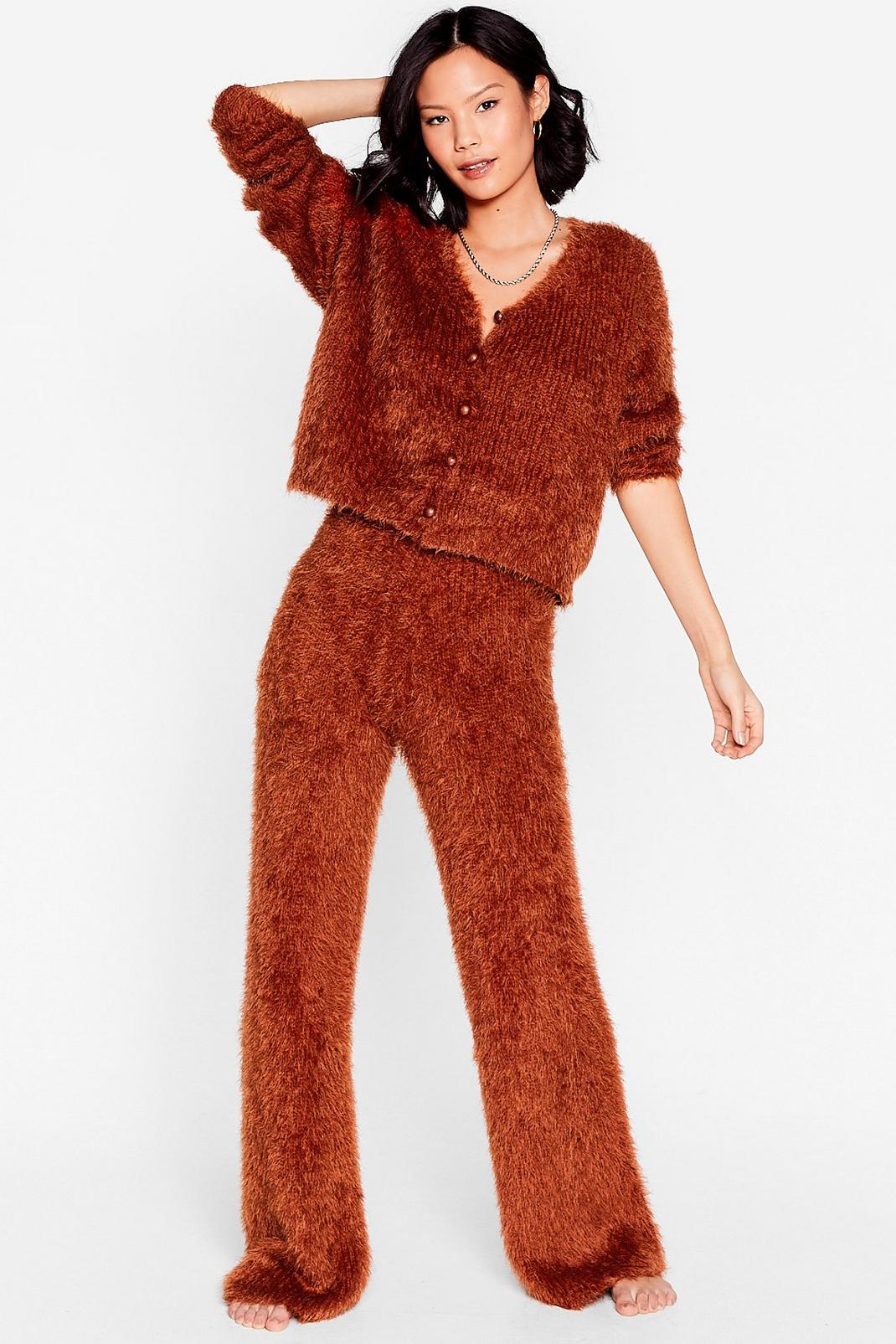 Chocolate Fluffy Knit Cardigan and Pants Set image number 1