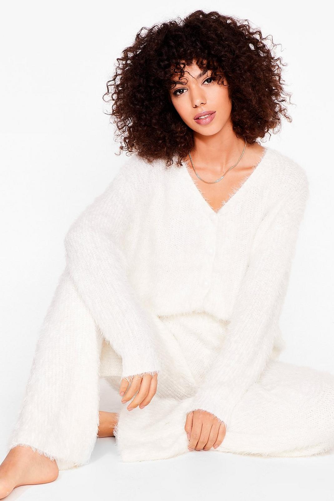Cream Fluffy Knit Cardigan and Trousers Set image number 1