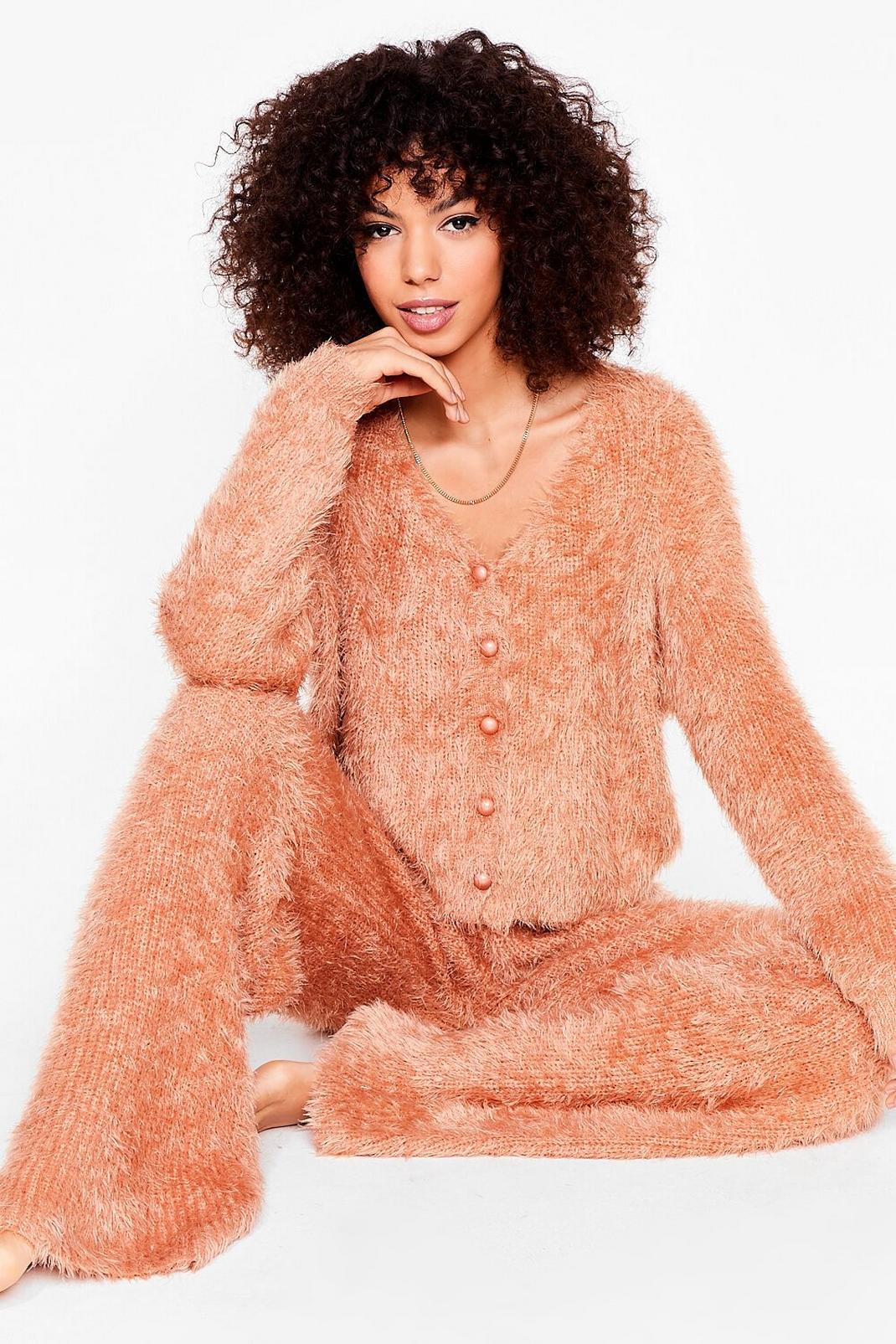 Tan Fluffy Knit Cardigan and Pants Set image number 1
