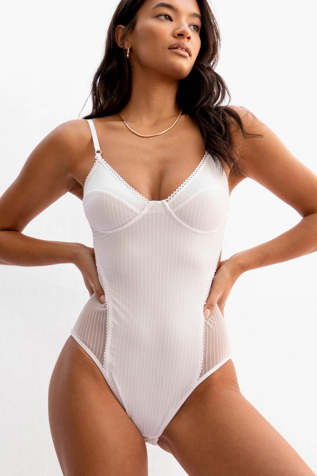 White Raise You Cup Striped High-Leg Bodysuit image number 1