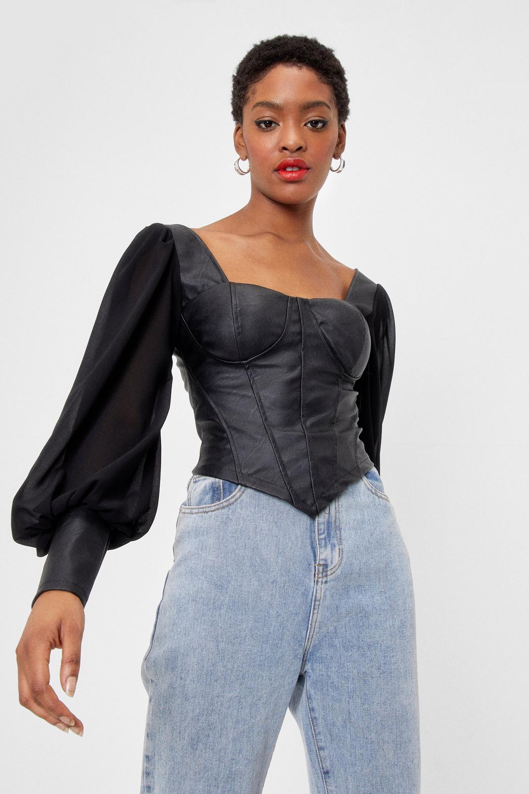 Black Faux Leather Puff Sleeve Corset Top image number 1