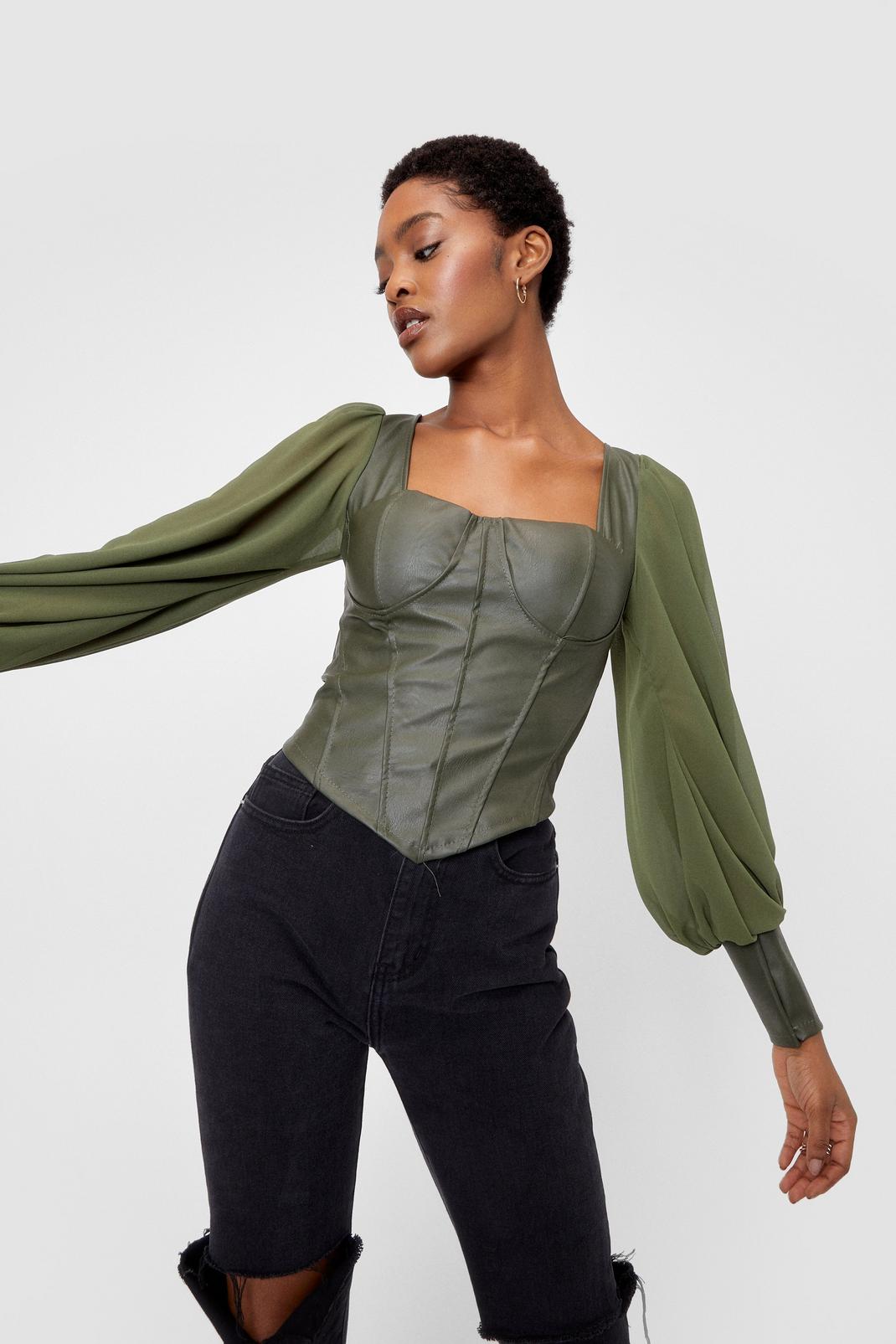 Khaki Faux Leather Puff Sleeve Corset Top image number 1