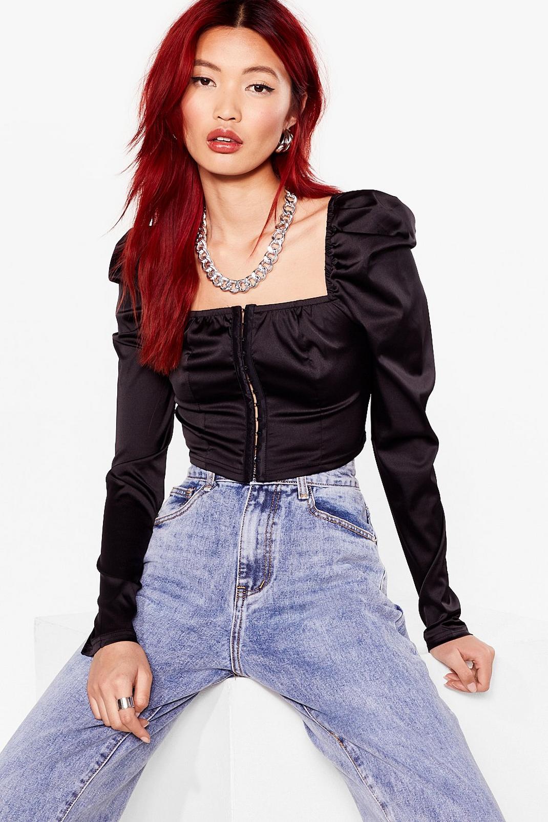 Black Satin Fitted Puff Sleeve Crop Top image number 1
