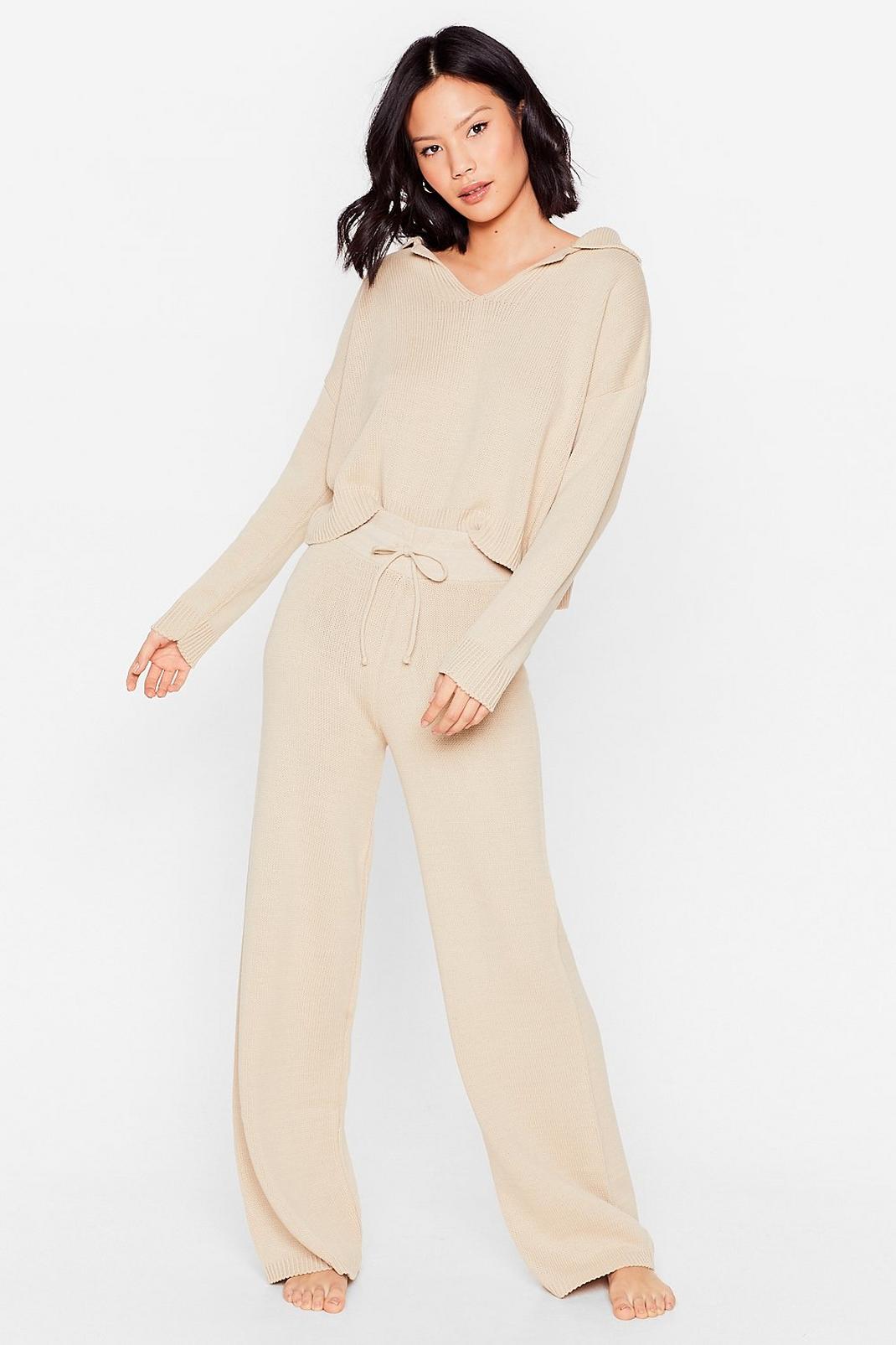 Oatmeal Knit Jumper and Wide Leg Trousers Set image number 1