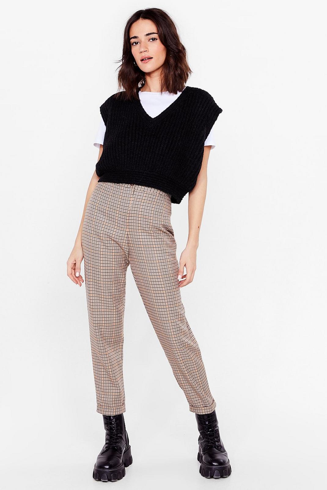 Beige All Checks Are Off Petite High-Waisted Pants image number 1