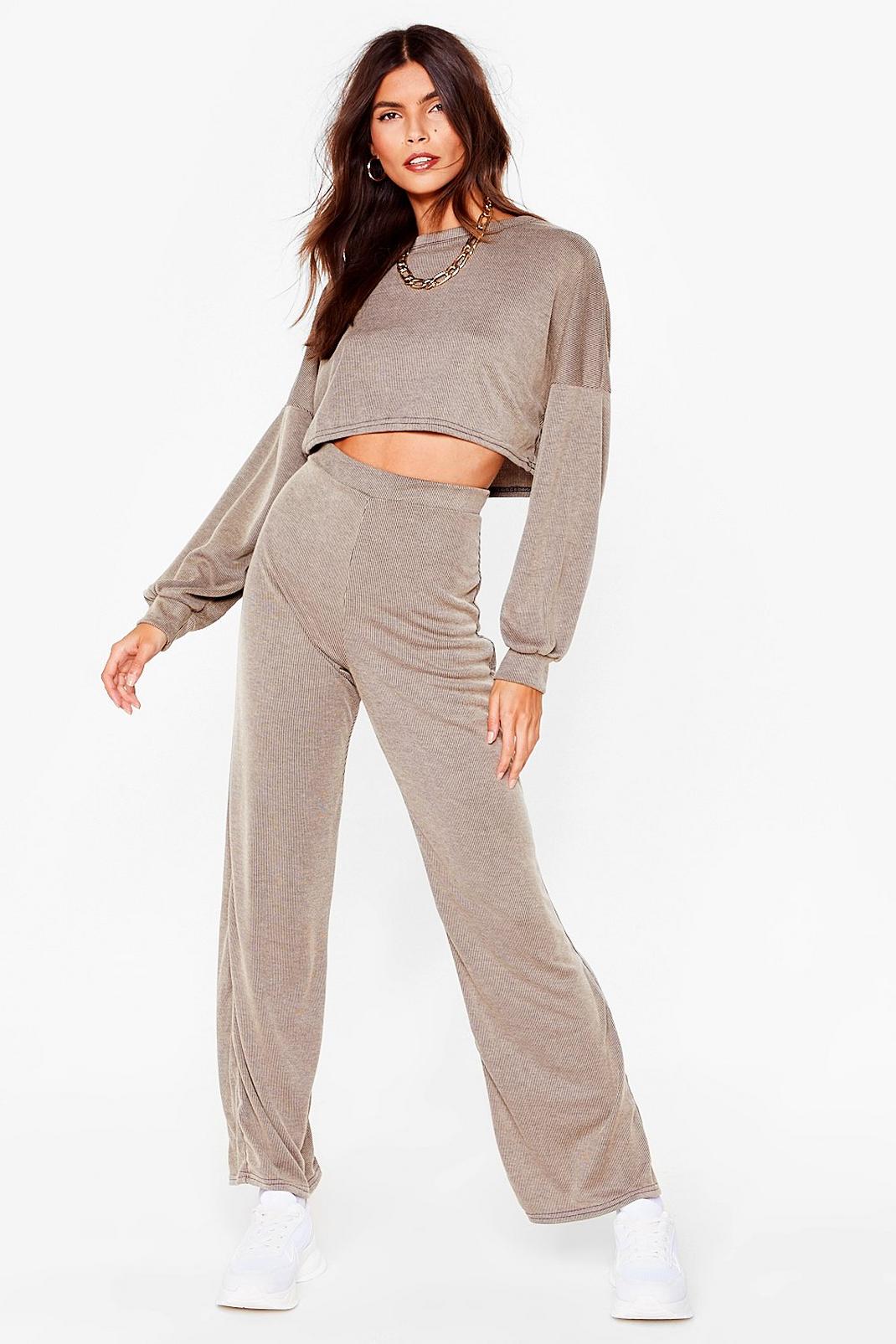 Tan Petite Crop Top And Wide Leg Trousers Set image number 1