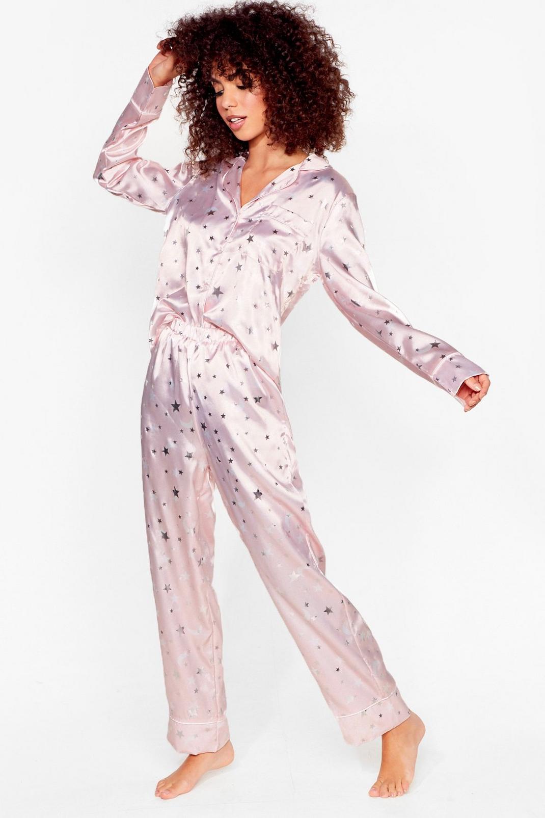 Pyjama satiné chemise & pantalon à imprimé étoiles , Pink image number 1
