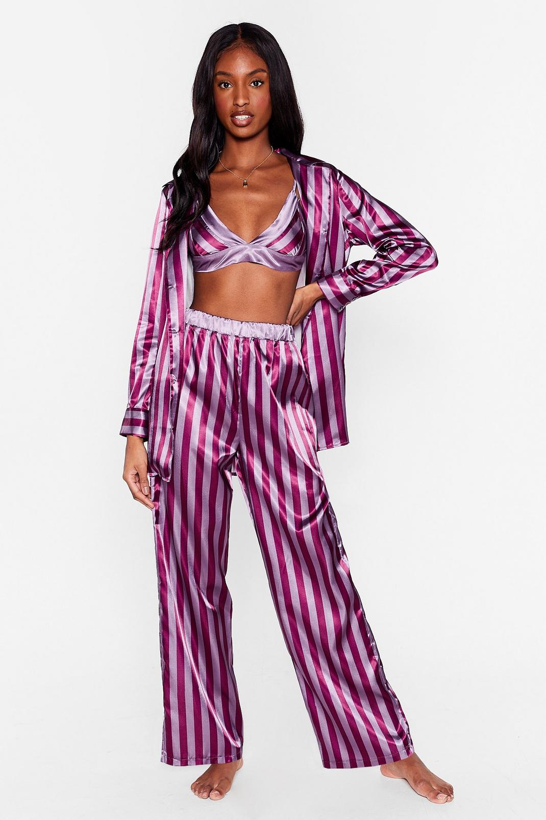 Pyjama oversize 3-pièces satiné à rayures , Berry image number 1