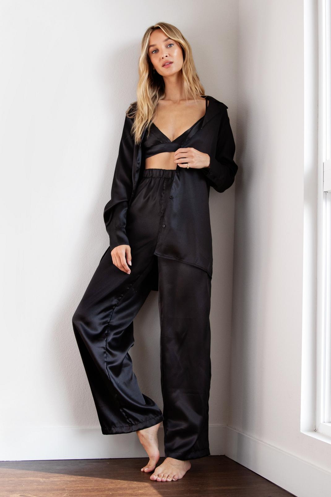 Black Satin 3 Pc Oversized Pyjama Shirt and Trousers Set image number 1