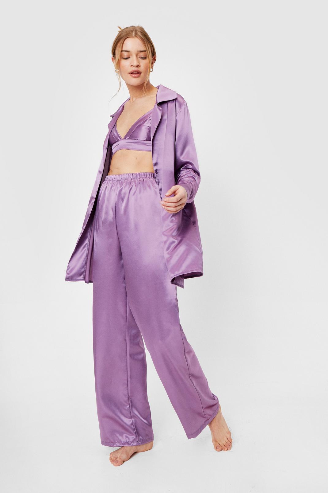 Pyjama oversize 3-pièces satiné chemise + brassière + pantalon, Lavender image number 1