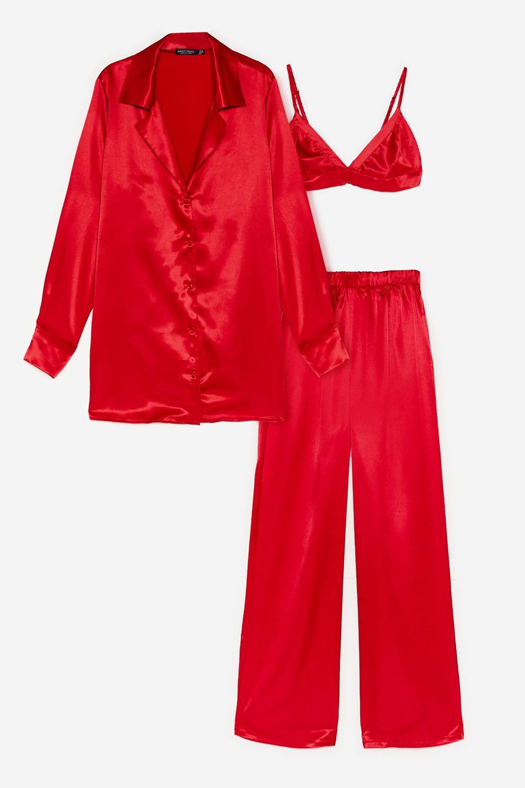 Red Satin 3 Pc Oversized Pajama Shirt and Pants Set image number 1
