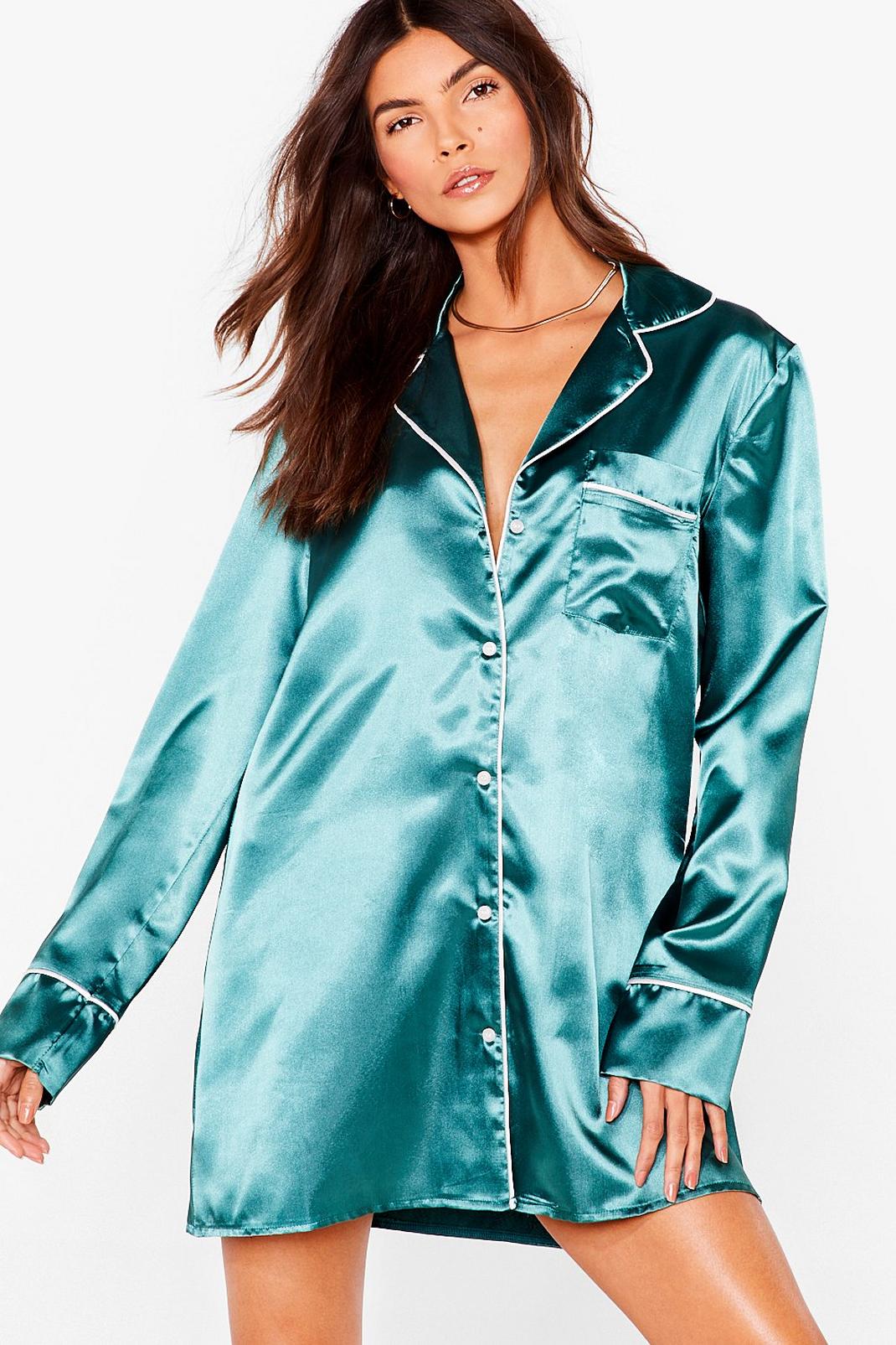 Emerald Satin Button Up Pajama Night Shirt image number 1