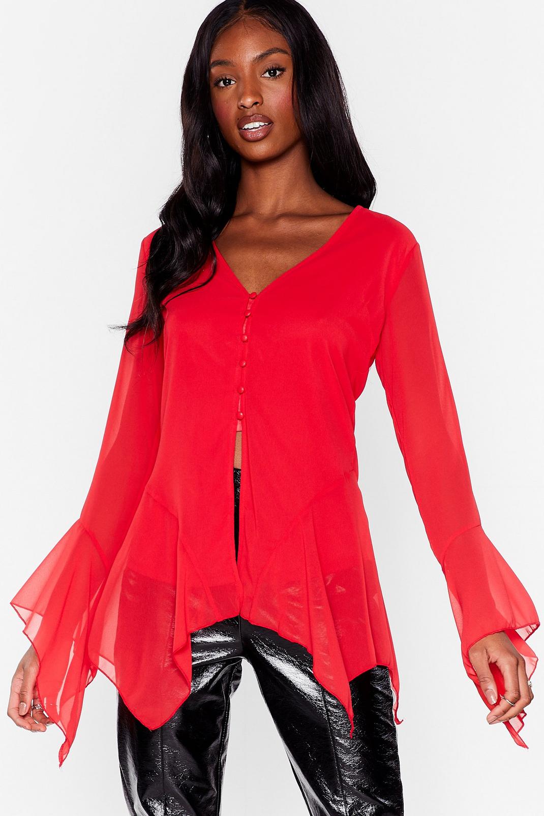 Berry Chiffon Flared Sleeve Asymetric Blouse image number 1