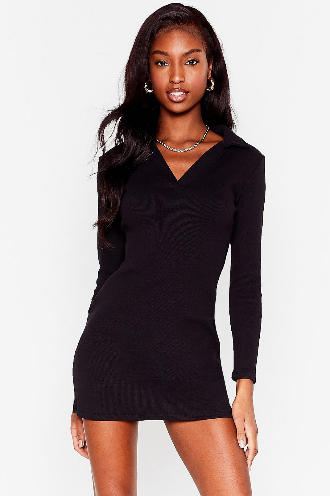 Black Long Sleeve Collared Bodycon Mini Dress image number 1