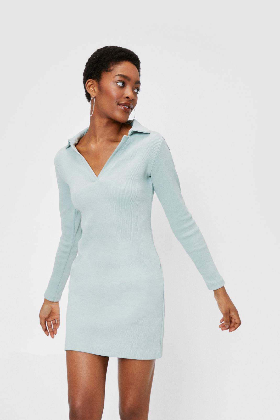 Sage Long Sleeve Collared Bodycon Mini Dress image number 1