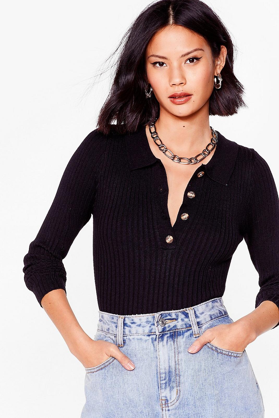 Black Knitted Ribbed Button Down Cropped Sweater image number 1
