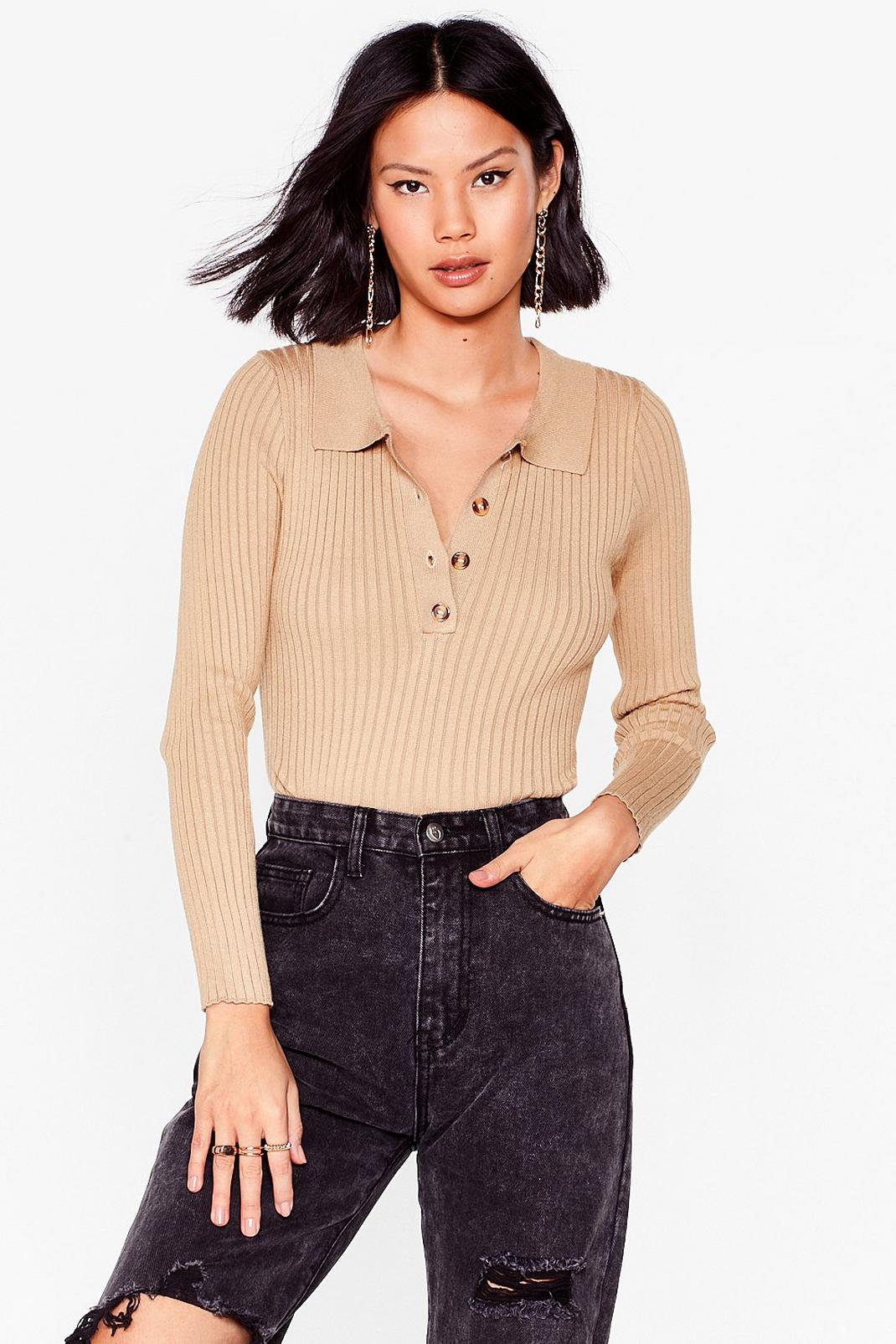Taupe Knitted Ribbed Button Down Cropped Jumper image number 1