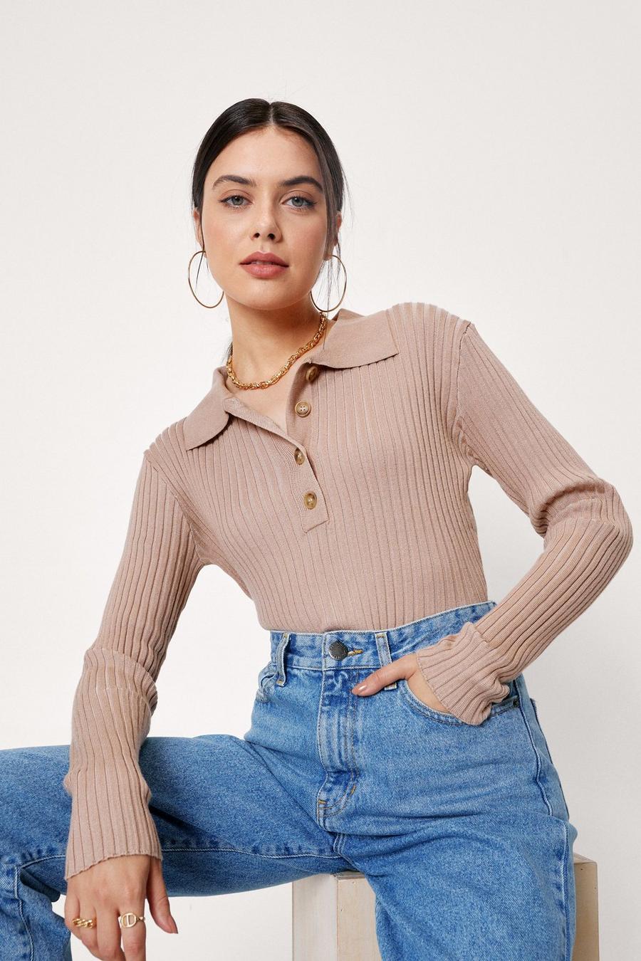 Ribbed Knit Fitted Collar Bodysuit
