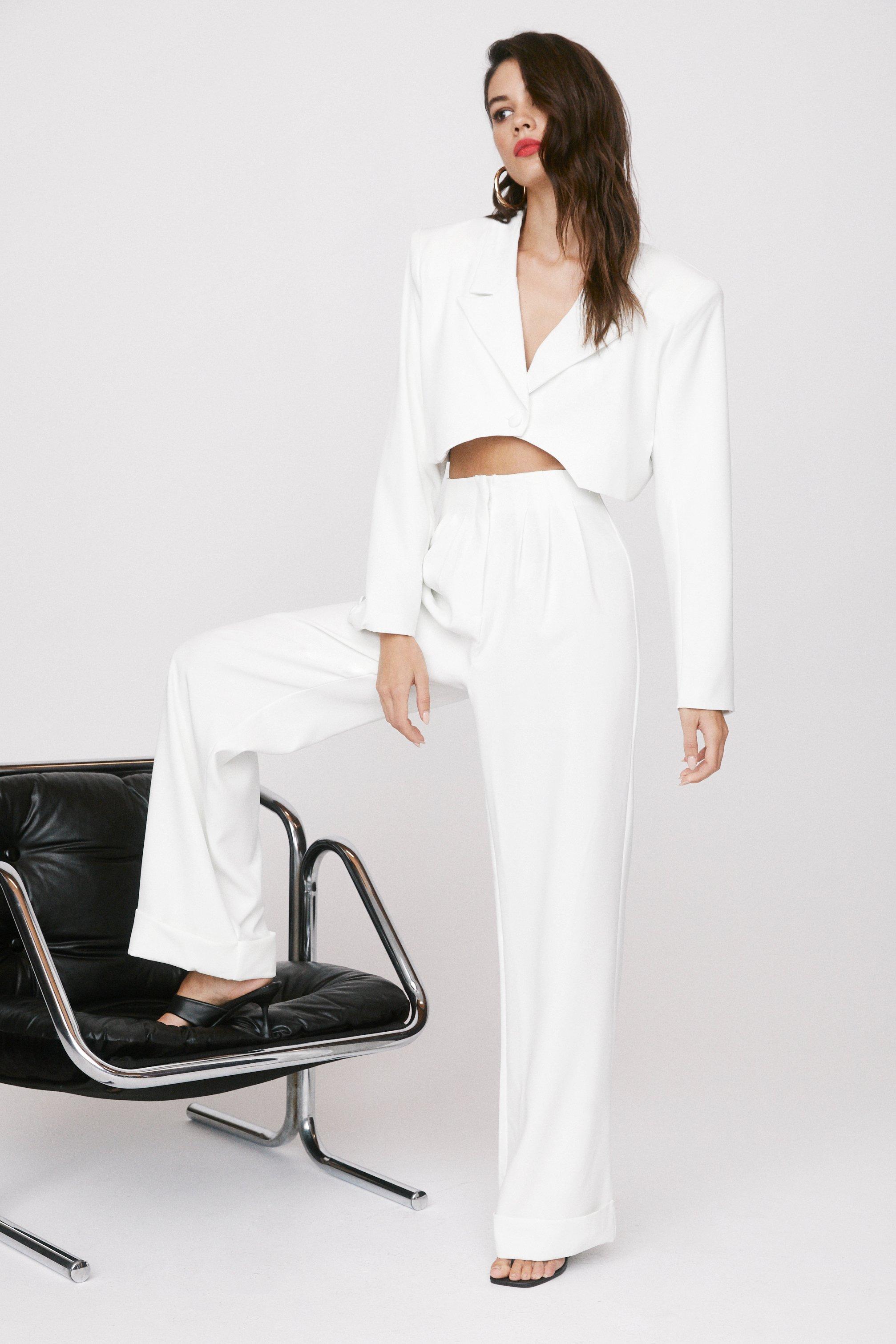 white wide leg trouser suit