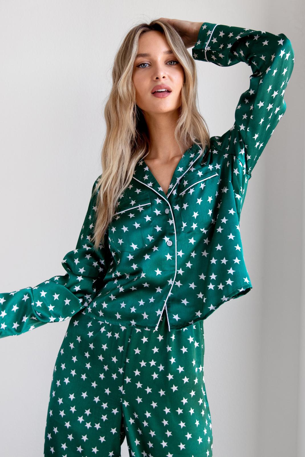 125 Star Print Satin Pyjama Shirt and Trousers Set image number 2