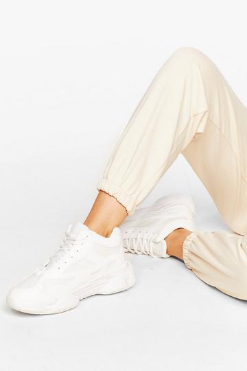 White Mesh Panel Faux Leather Chunky Sneakers