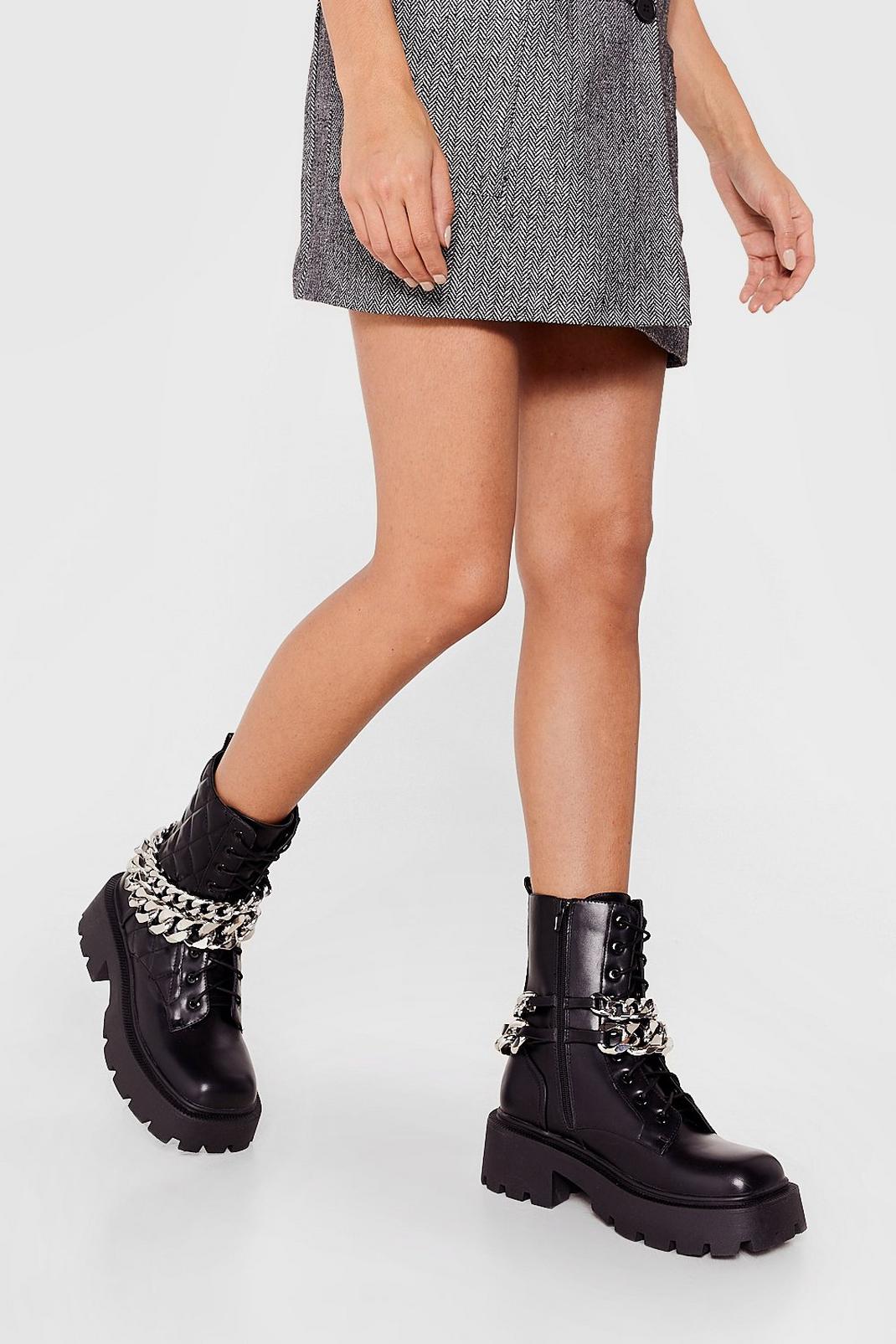 Black Chunky Chain Quilted Biker Boots image number 1
