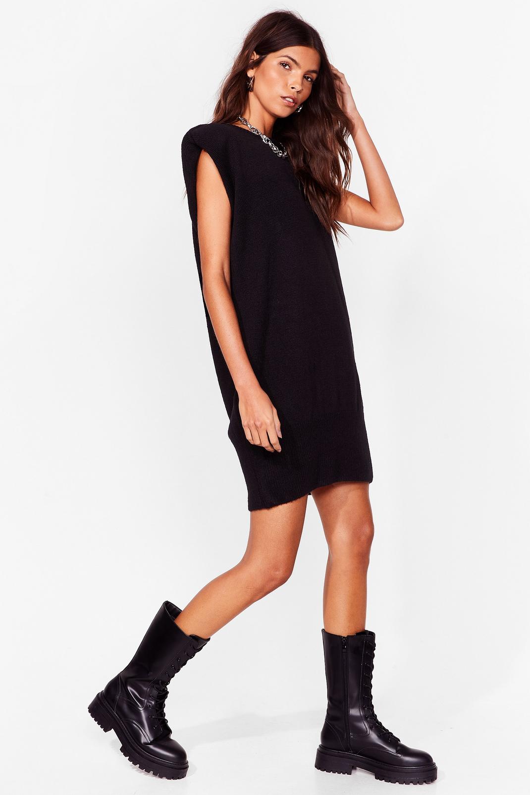 Black Knitted Sleeveless Shoulder Pad Mini Dress image number 1