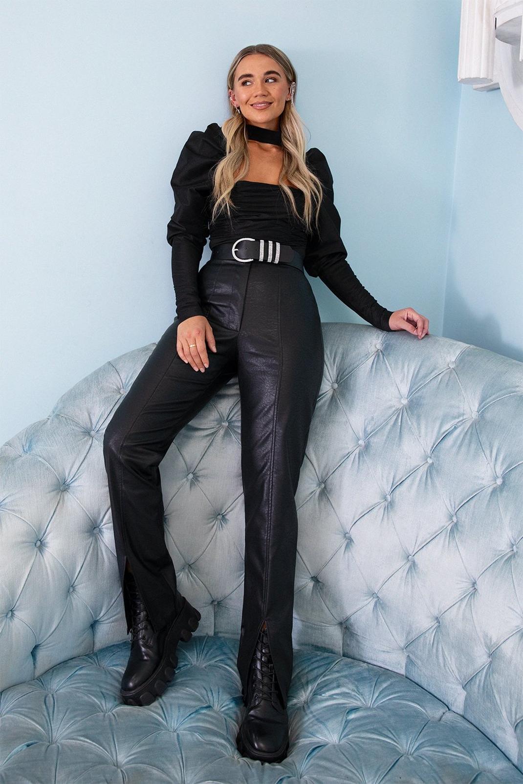 Split the Cheque Faux Leather Straight Pants