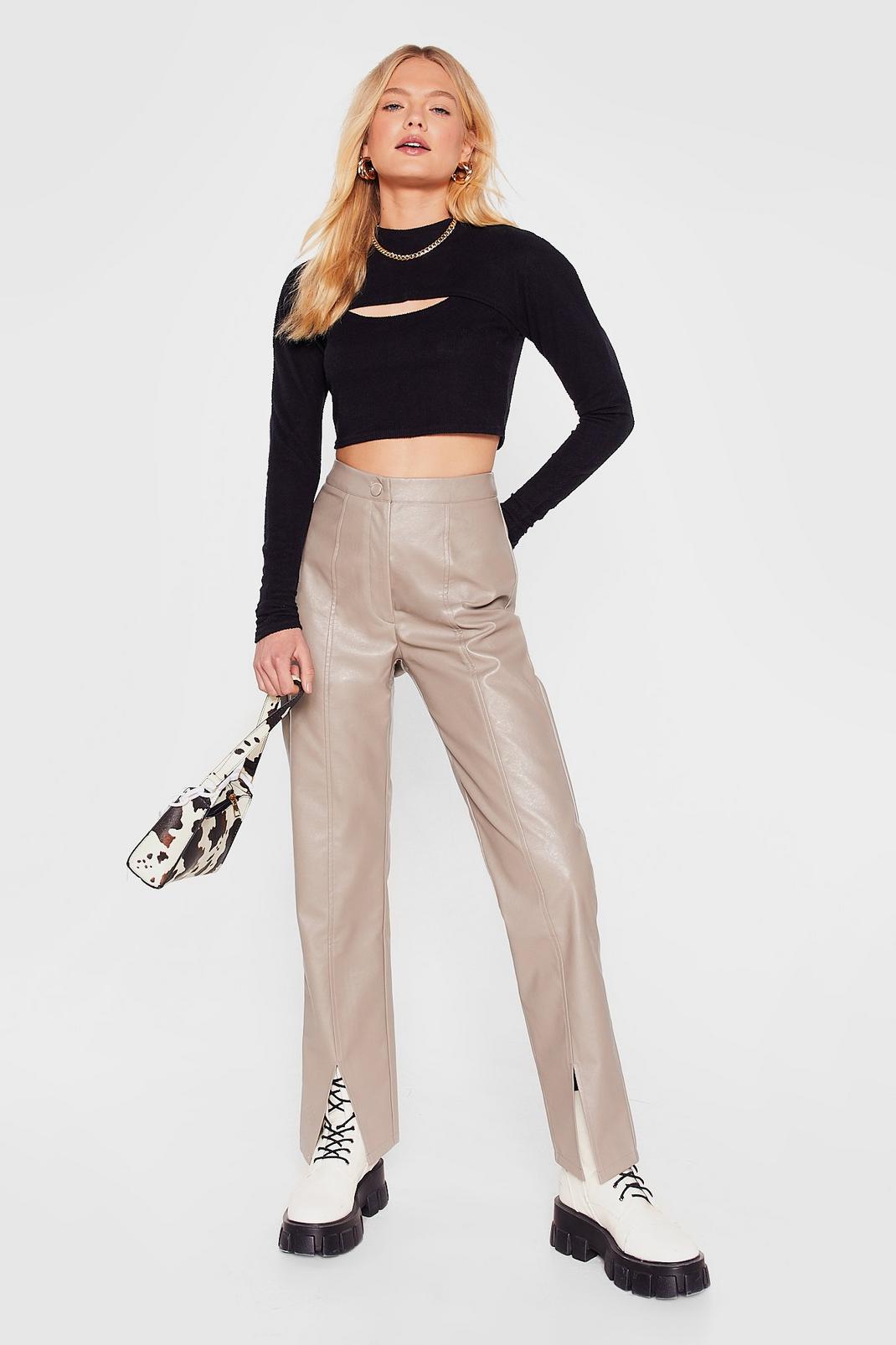 Taupe Split the Cheque Faux Leather Straight Trousers image number 1