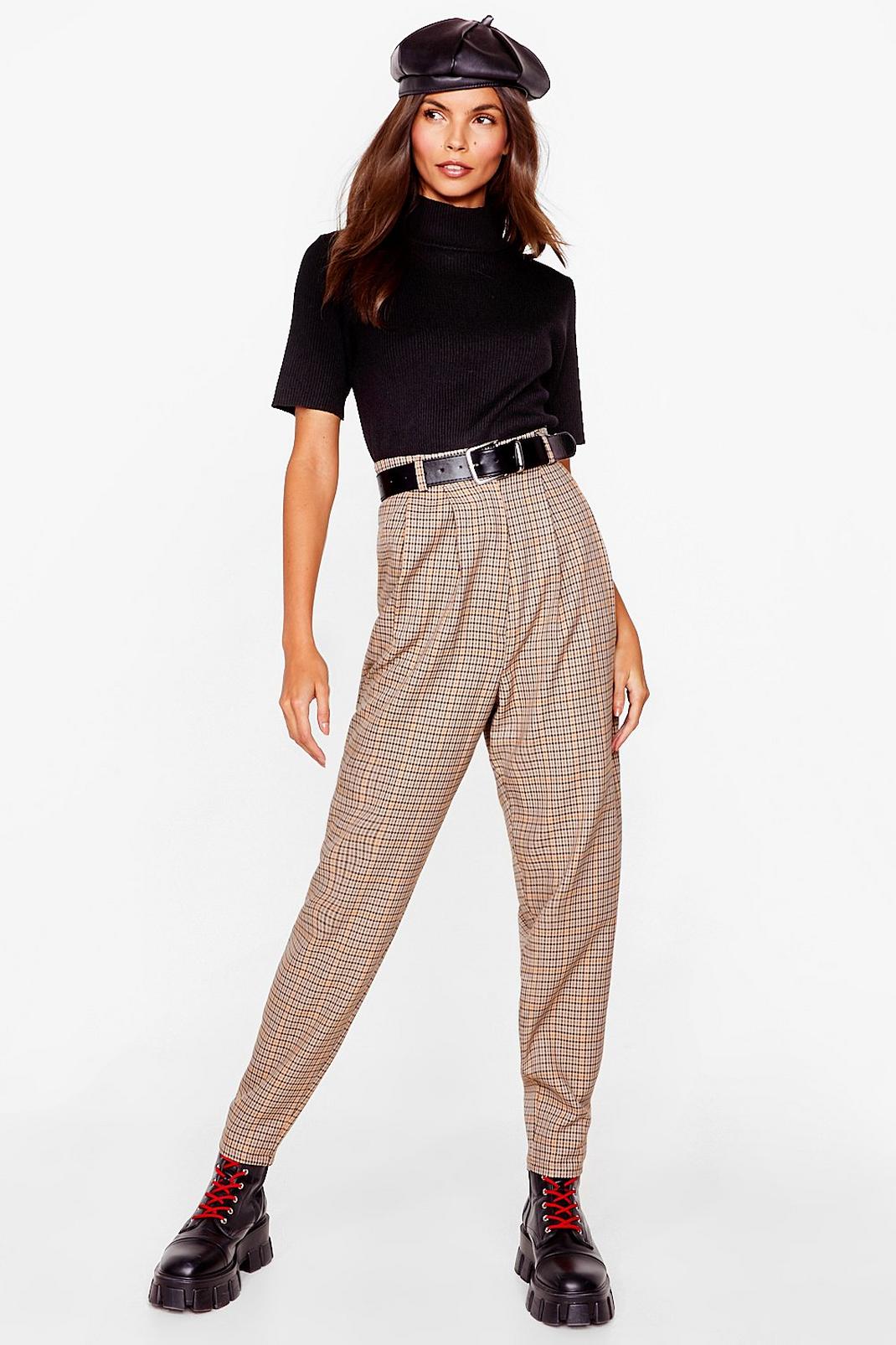Beige Pleated Check Tapered Pants image number 1