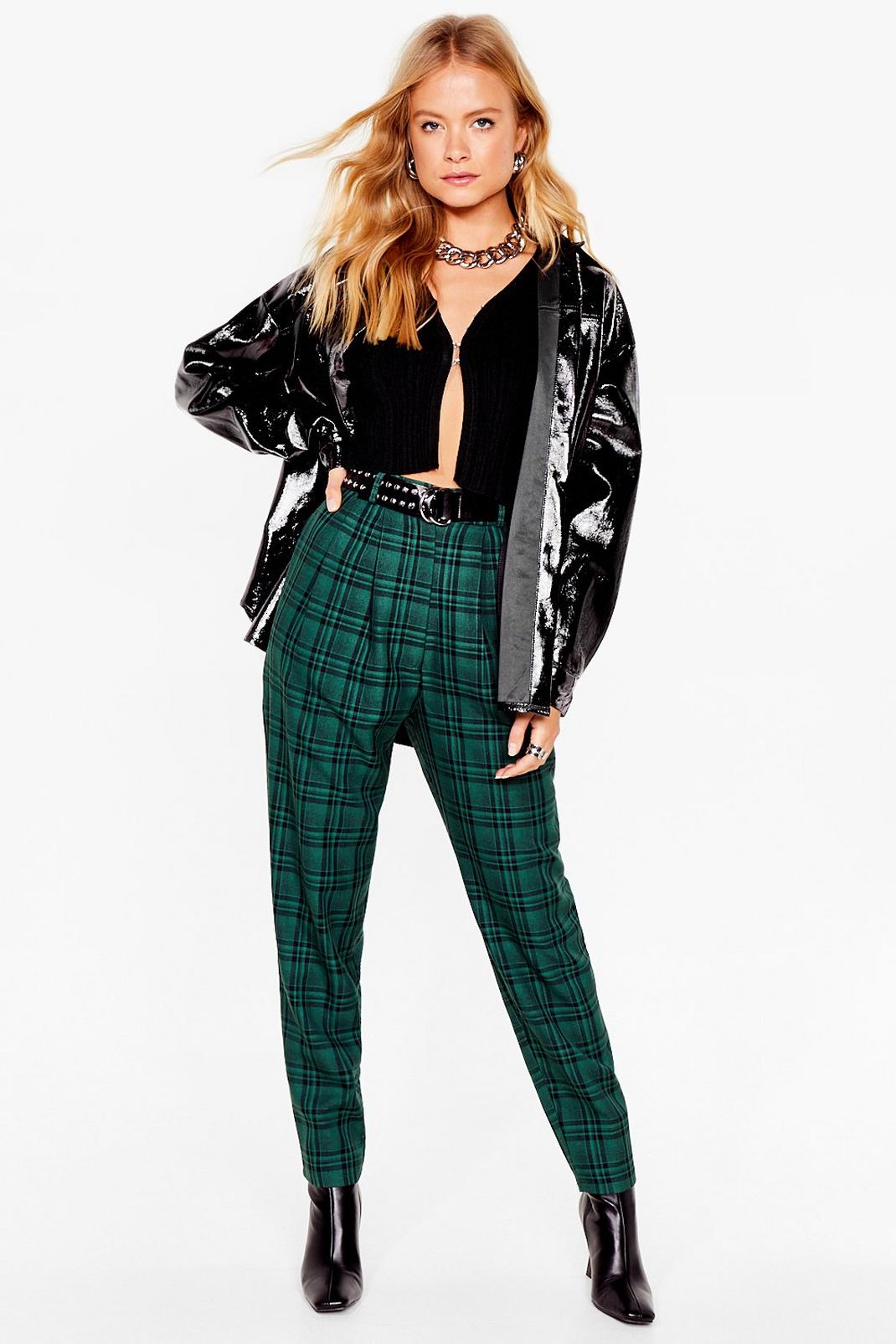 Green Pleated Check Tapered Pants image number 1