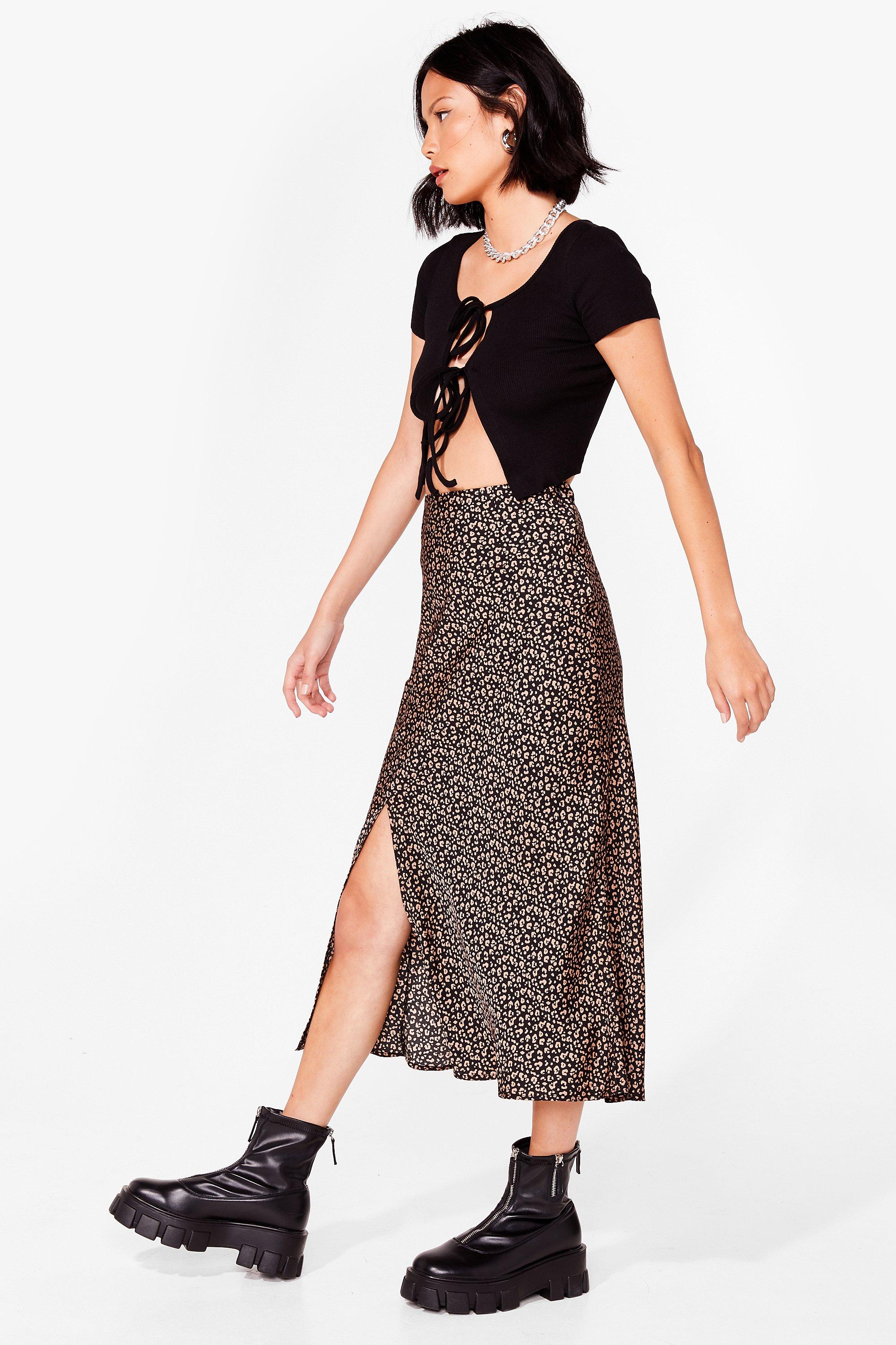 Leopard print side 2025 split midi skirt