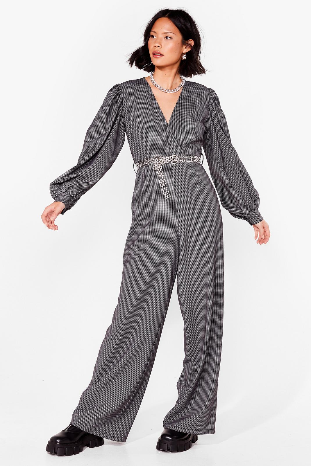 Black Puff Sleeve You to It Check Wide-Leg Jumpsuit image number 1