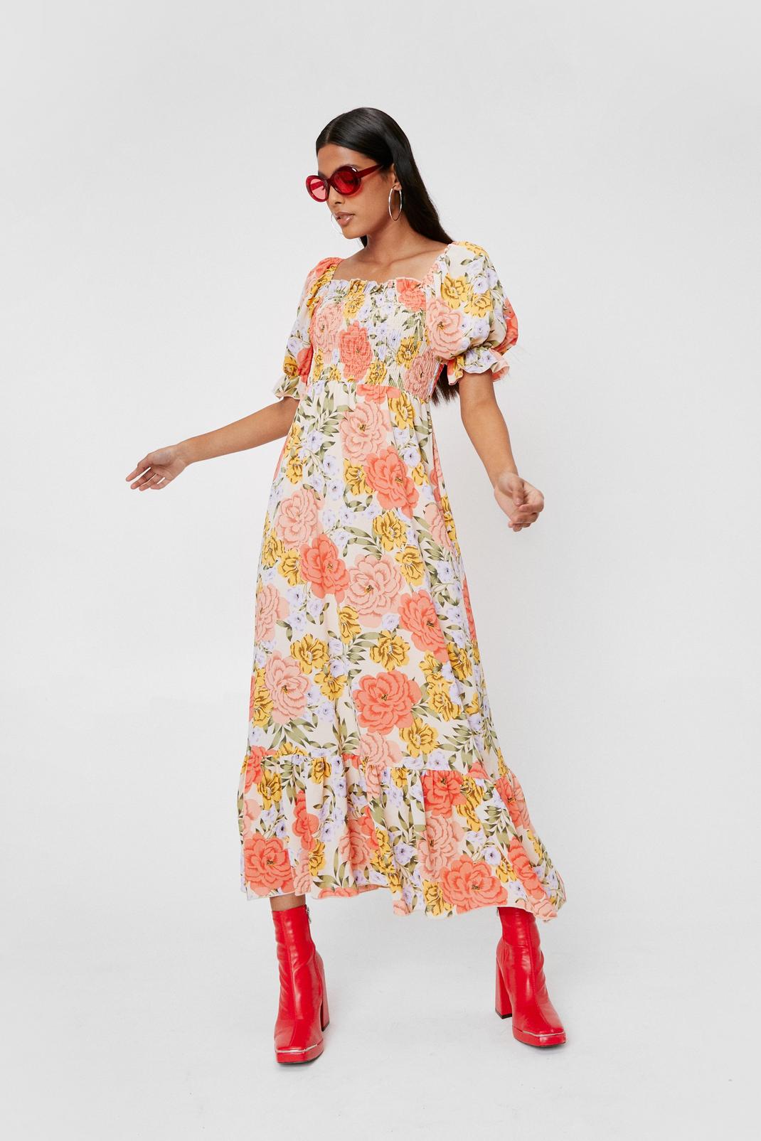 Yellow Floral Square Neck Shirred Maxi Dress image number 1